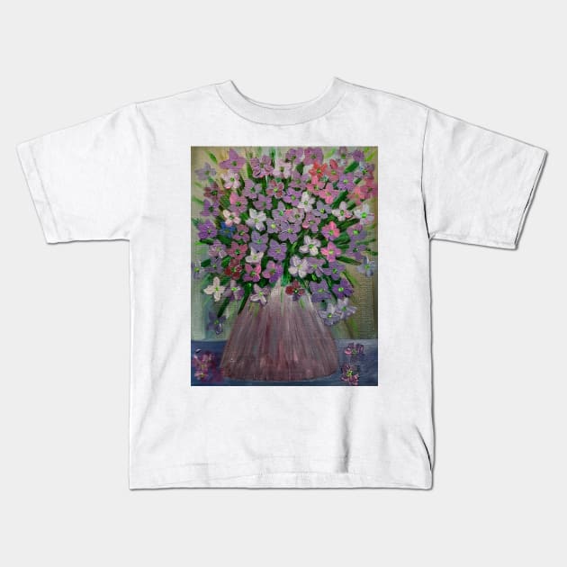 purple and pink abstract flowers . In a metallic silver and gold vase . Kids T-Shirt by kkartwork